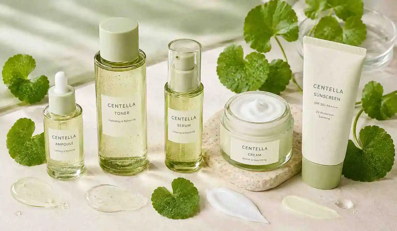 Centella Asiatica skincare product arranged with fresh Centella leaves in a minimal K-beauty flat lay