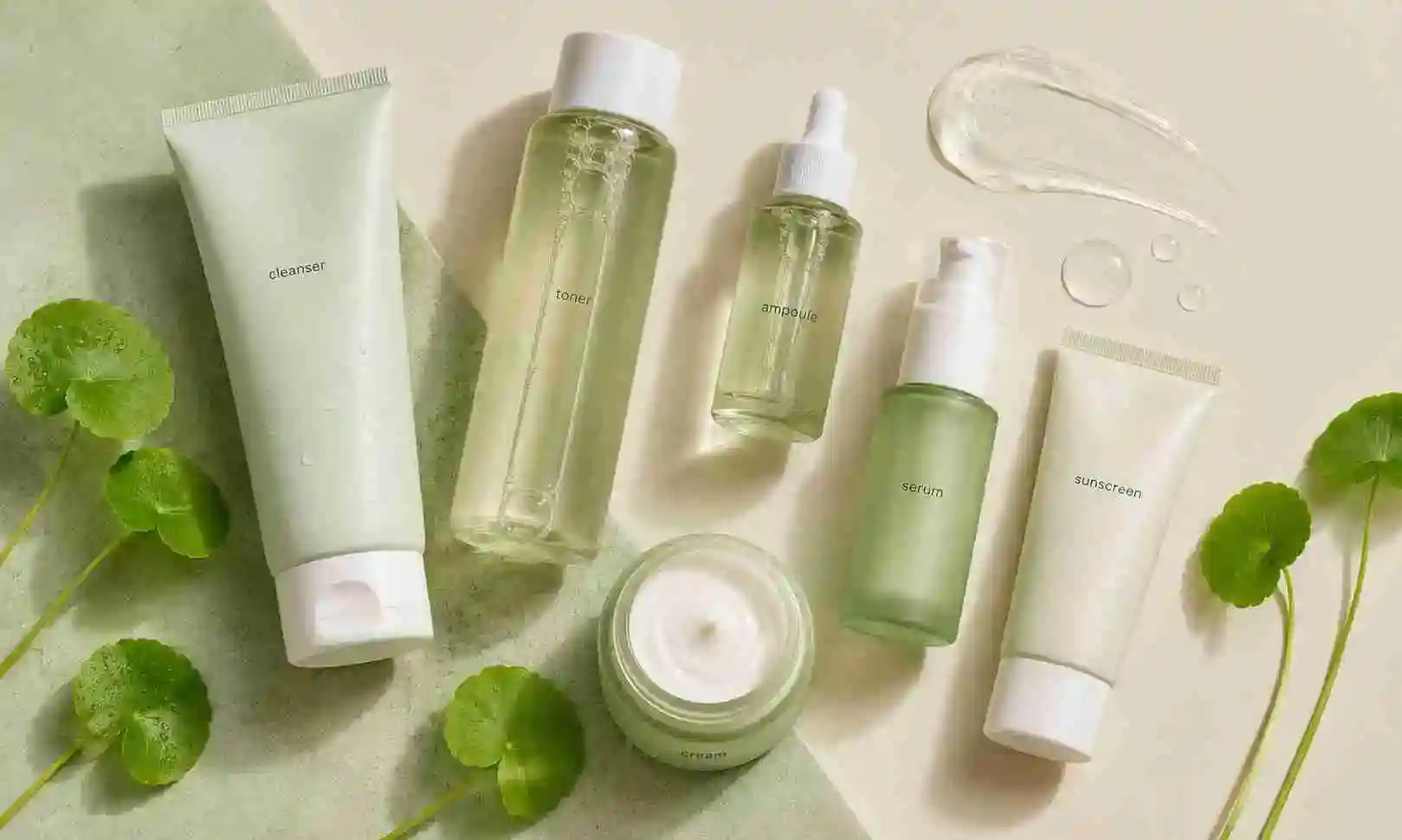 Centella skincare product formats including cleanser, toner, ampoule, serum, cream and sunscreen
