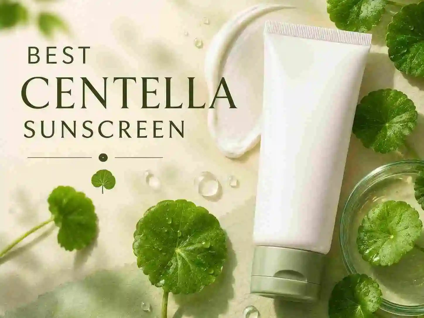 Best Centella sunscreen guide with sunscreen tube, Centella leaves and soft cream texture