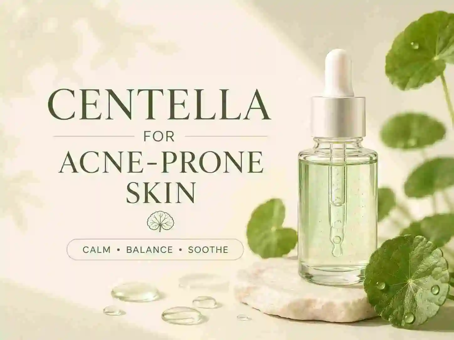 Centella guide for acne-prone sensitive skin with calming ampoule and Centella leaves