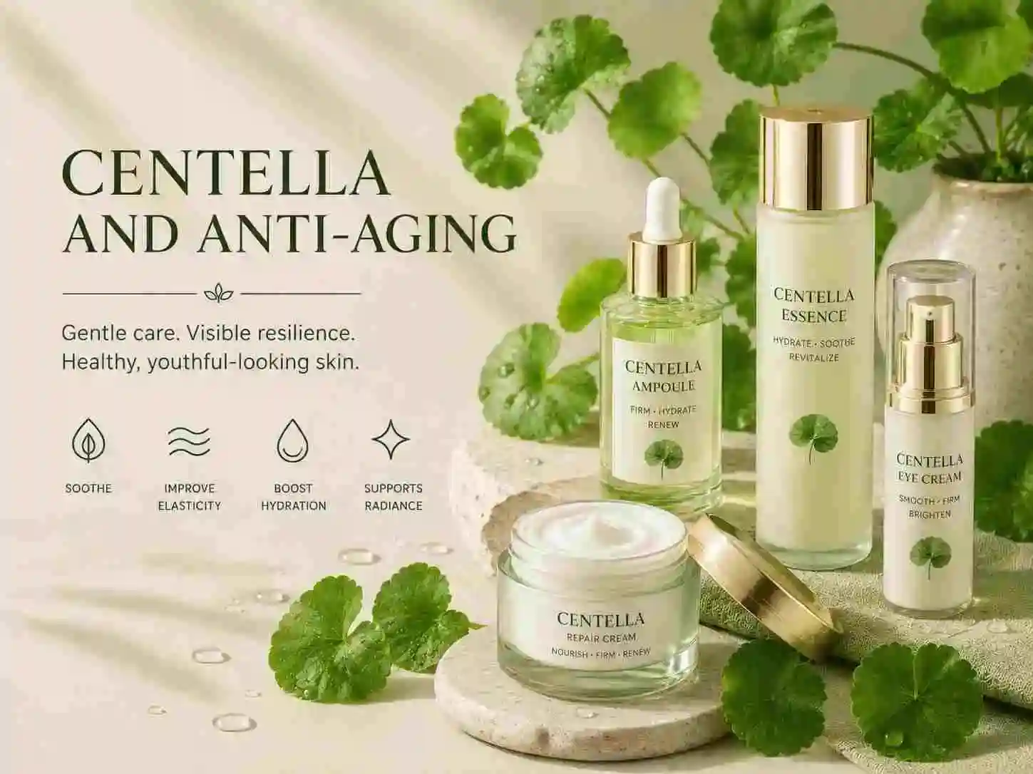 Centella anti-aging guide with premium ampoule, essence, repair cream and Centella leaves