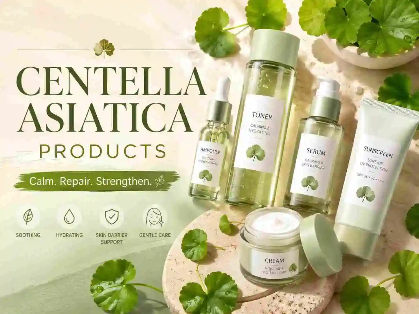 Centella Asiatica product guide with toner, ampoule, serum, cream and sunscreen