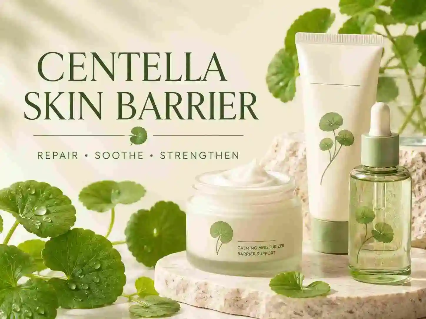 Centella skin barrier guide with calming moisturizer, serum and Centella leaves