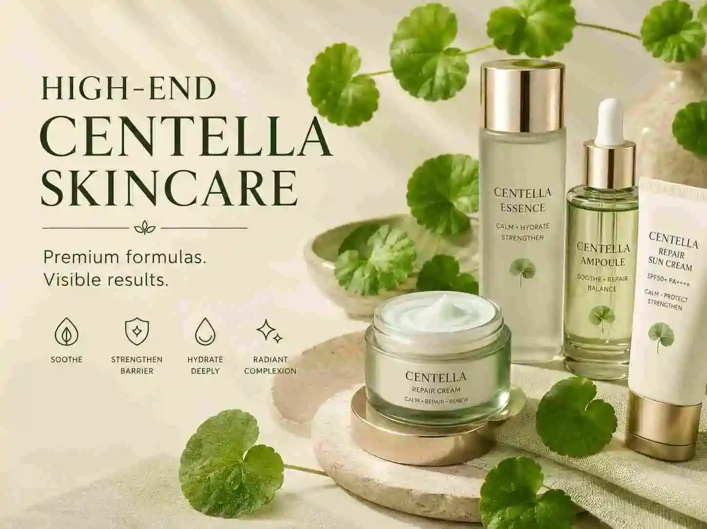 High-end Centella skincare guide with premium cream, ampoule, sun cream and Centella leaves