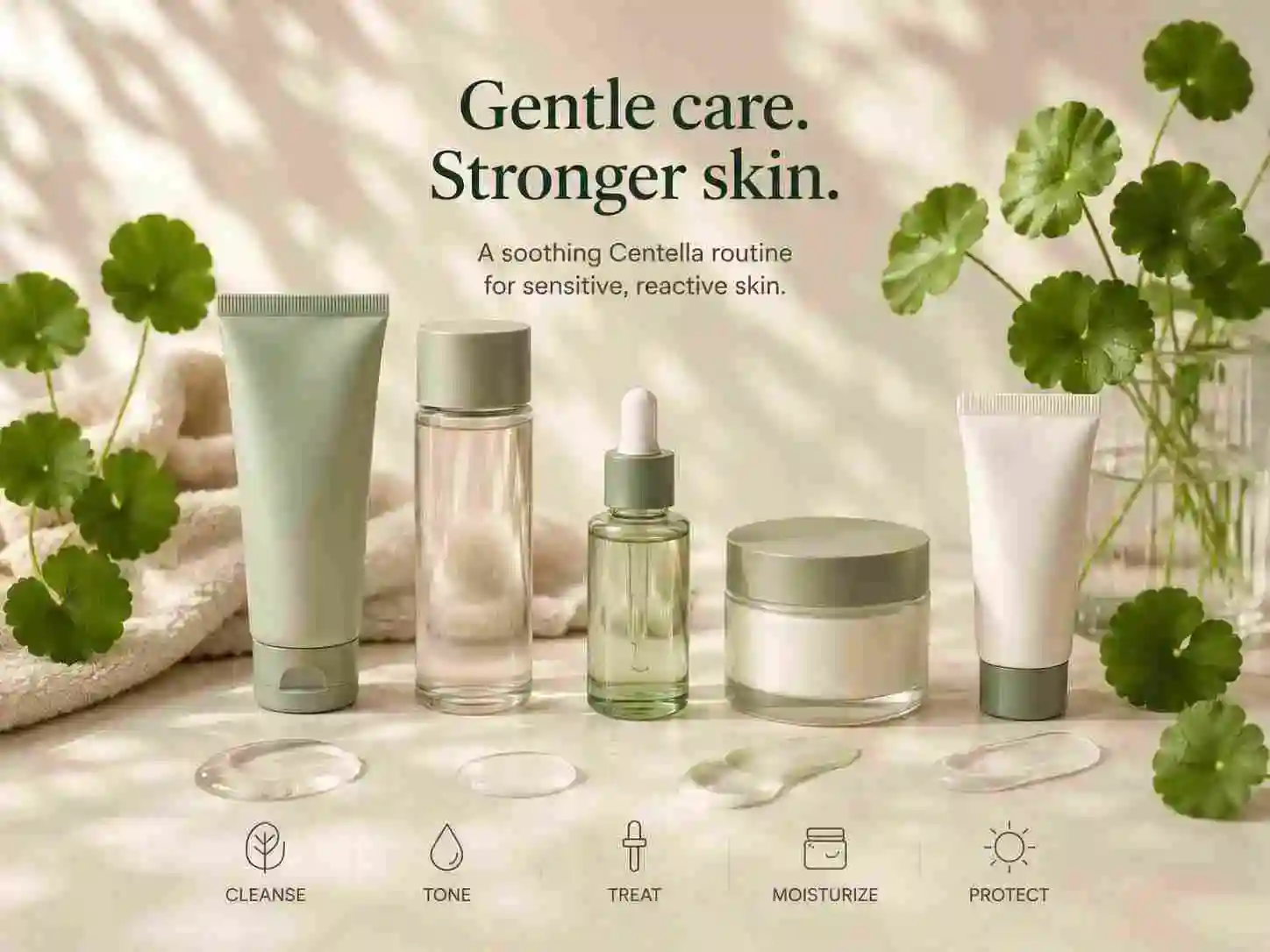 Centella skincare routine for sensitive skin with calming products and botanical leaves
